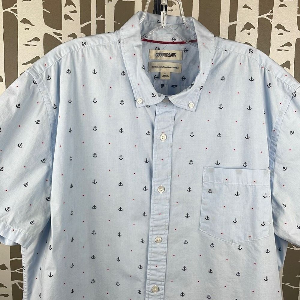 Goodthreads Men's Light Blue Embroidered Anchors Nautical Button Up Shirt XL